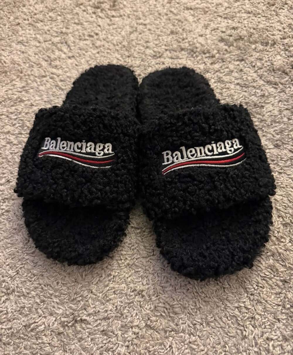 Balenciaga Black Faux Fur Shearling Logo Pool Slides